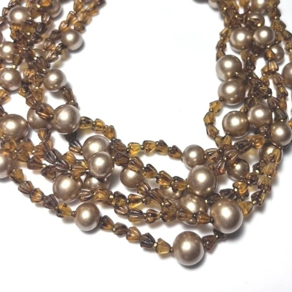 Vintage Miriam Haskell 5-Strand Necklace Amber Glass Pearl Signed Designer 50s